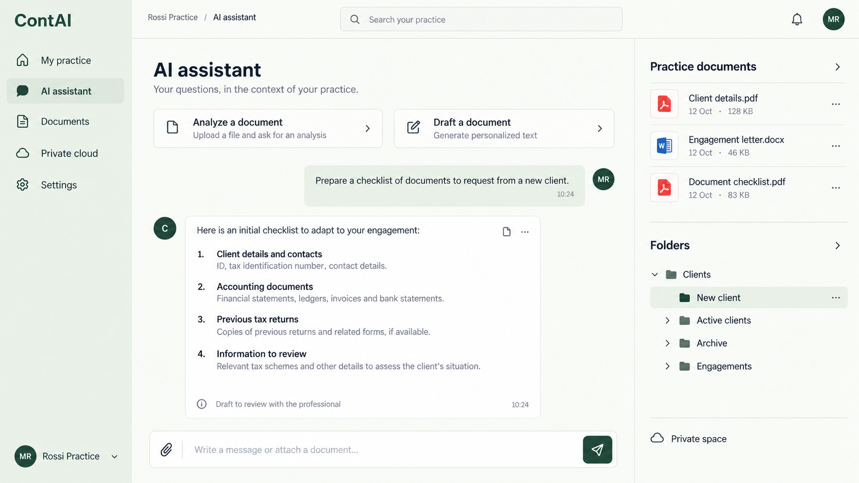 Illustrative preview of ContAI: an AI assistant, client documents and private cloud in an accounting practice’s workspace.