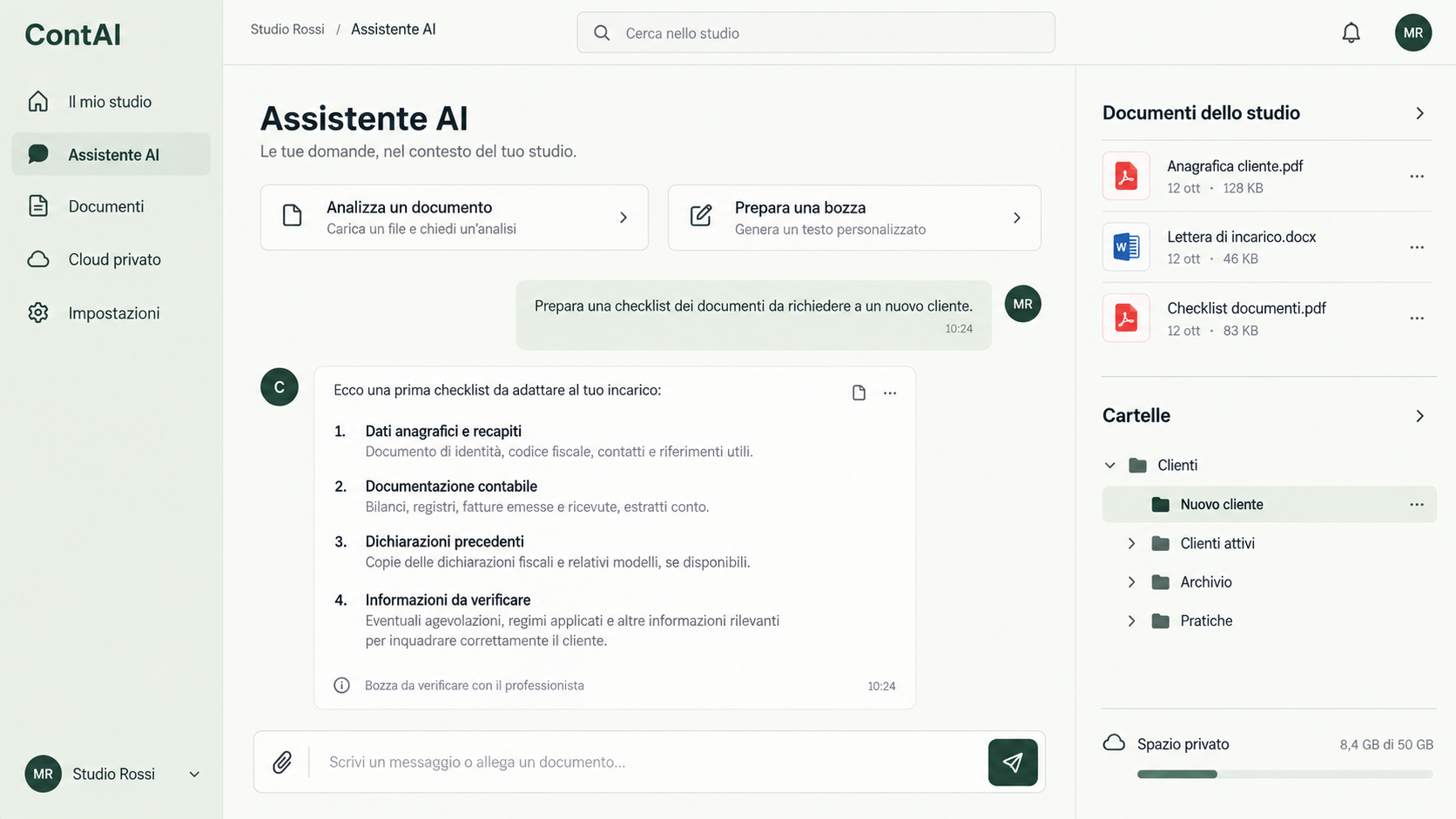 Anteprima illustrativa di ContAI: assistente AI, documenti del cliente e cloud privato nello spazio di lavoro di uno studio.